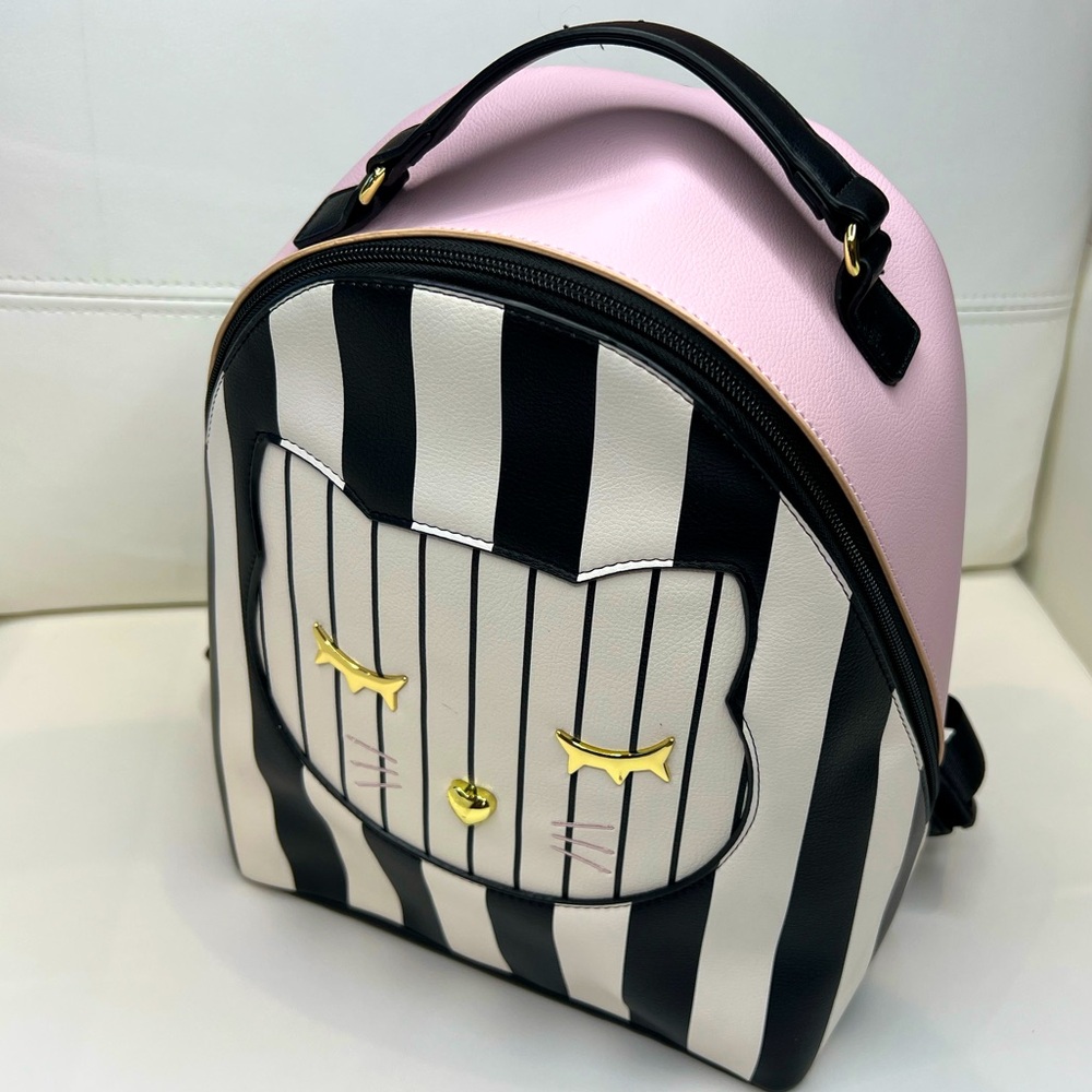 Betsey Johnson Backpack Kitty Cat Pink Black Stripes Luv Betsy zip closure